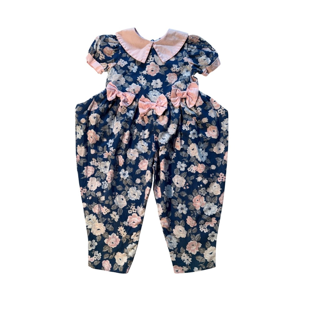 Vintage Evy Girls Floral Jumpsuit Size 2T Navy Pink Peter Pan Collar Bows USA